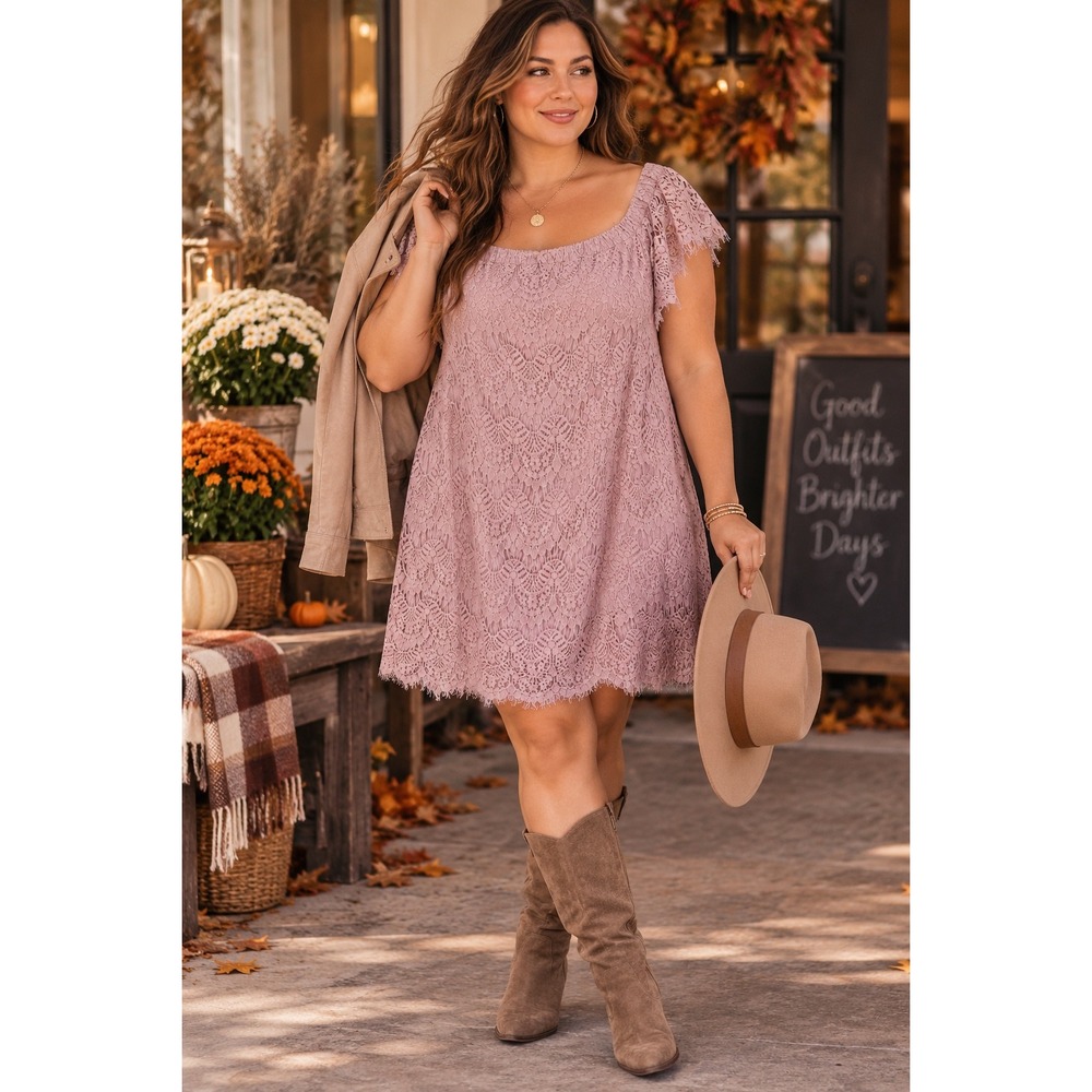 NWT Womens L 20W Blush Lace Mini Dress Off Shoulder Romantic Wedding Guest